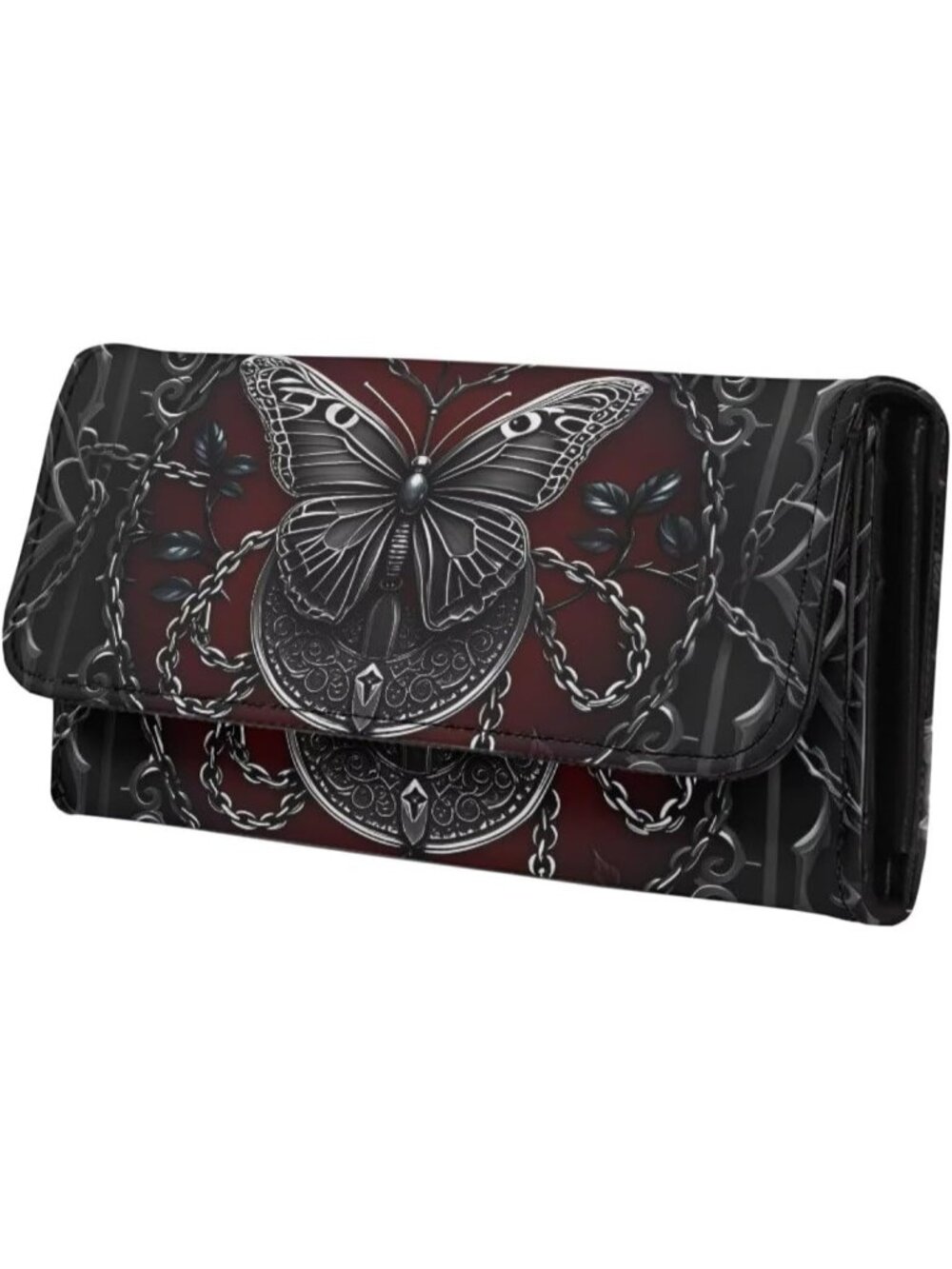 🎃Women's Lock Butterfly Purse Black PU Leather Slim Wallet Long Trifold Purse